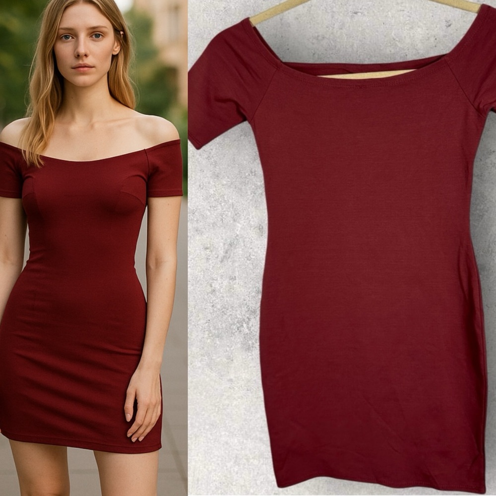 Vintage Red Short Sleeve Mini Dress Sz Small Bodycon Boat Neck Stretch Y2K Berry
